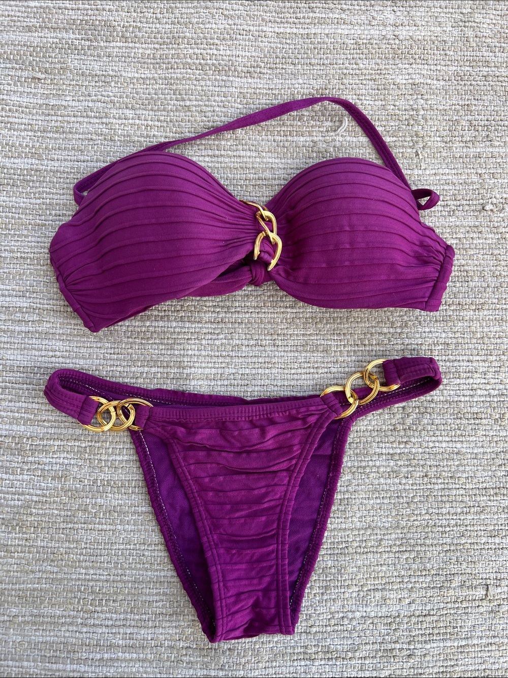 Lua Morena Purple Ribbed Bandeau Bikini Set with Gold Brass Ring Accents -Small - Picture 11 of 11
